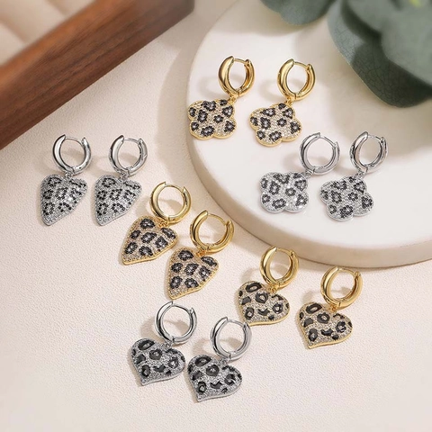 Orecchini Pendenti Vintage con Stampa Leopardata Cuore Quadrifoglio Zirconia Donna Oro Argento Placcato Rame Hip Hop Gioielli Orecchini