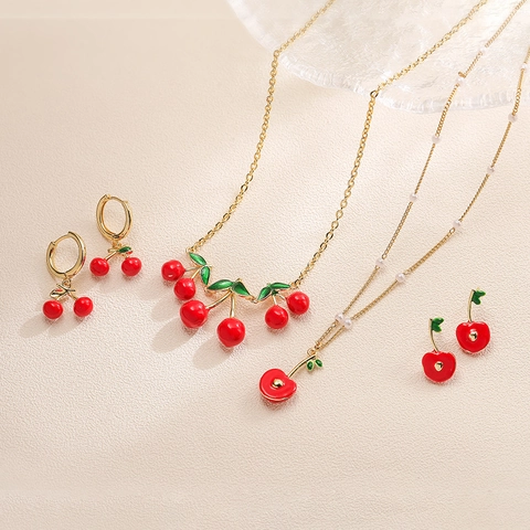 Sweet Copper Fruit Jewelry Set Red Enamel Cherry Apple Pendant Necklace Artificial Pearl Chain Hoop Stud Earrings Women Jewelry