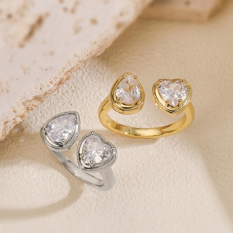 Women's Fashion Copper Zircon Heart Water Drop Open Ring Gold Silver Plated Adjustable Heart Shaped Pear Cut Zirconia Ring Jewelry