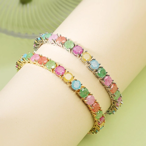 Light Luxury Copper Rainbow Tennis Bracelet Inlaid Colorful Zirconia Round Stones Multi Color Fashion Jewelry For Women