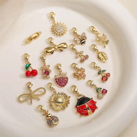 DIY Copper Gold Plated Zircon Charm Pendant With Lobster Clasp Fruit Animal Flower Enamel Charms For Necklace Jewelry Making