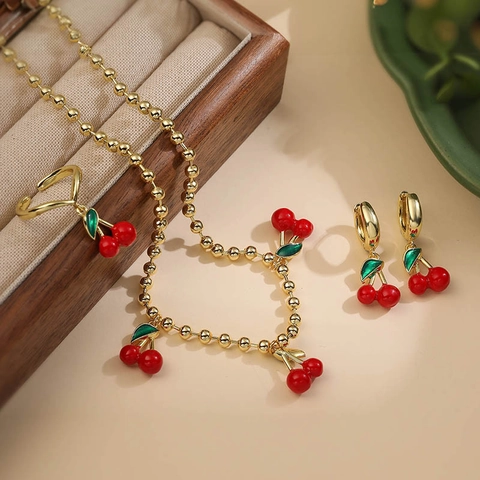 Dolce Collezione Di Gioielli In Smalto Ciliegia Rossa Donna Rame Frutta Anello Aperto Collana Con Perline Orecchini Cerchio