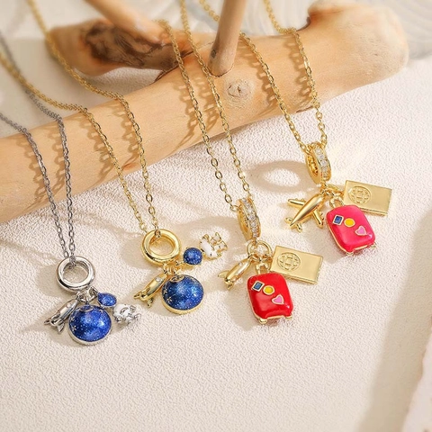 Creative Copper Enamel Space Travel Necklace With Astronaut Planet Airplane Suitcase Passport Pendant For Women Jewelry