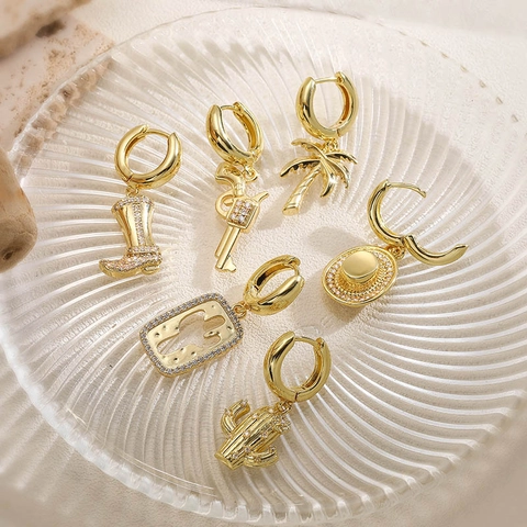 Western Cowboy Style Huggie Hoop Earrings Zirconia Inlay Copper Cactus Coconut Tree Boot Pistol Pendant Earrings For Women