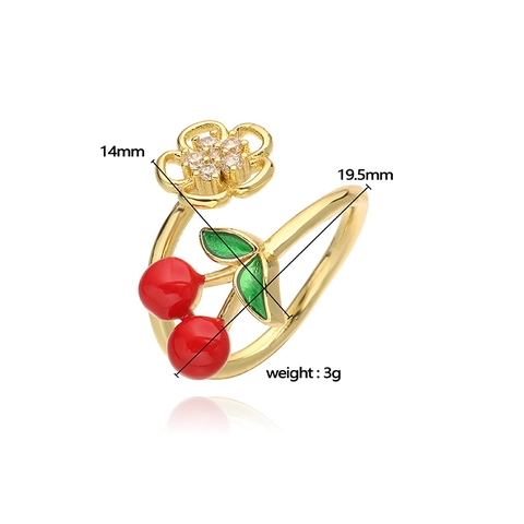 Sweet Gold Plated Copper Cherry Jewelry Set With Zirconia Red Enamel Fruit Heart Necklace Stud Earrings Open Ring For Women