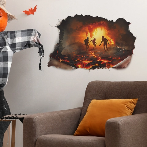 Halloween 3D Gebroken Muur Zombie Lava Muursticker PVC Zelfklevend Horror Thema Sticker Voor Woonkamer Huis Decoratie