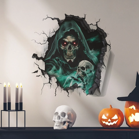 Halloween Wall Sticker Breaking Wall Grim Reaper Skeleton Removable PVC Decal For Living Room Home Party Gothic Decor