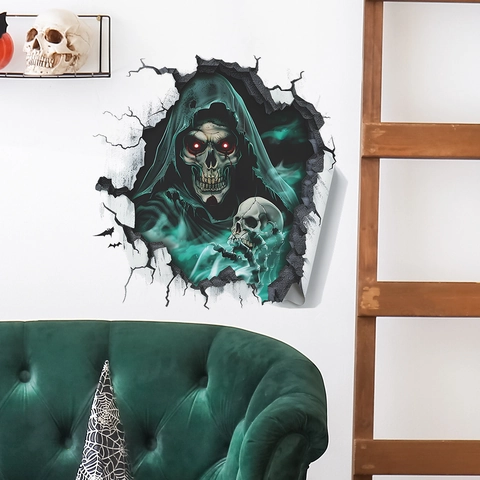 Halloween Wall Sticker Breaking Wall Grim Reaper Skeleton Removable PVC Decal For Living Room Home Party Gothic Decor