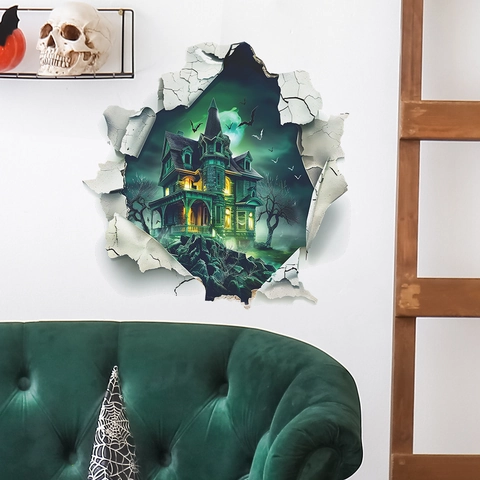 3D Halloween Broken Wall Aufkleber PVC Abnehmbare Horror Geist Schloss Fledermaus Mond Für Wohnzimmer Schlafzimmer Party Dekor