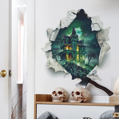 3D Halloween Broken Wall Aufkleber PVC Abnehmbare Horror Geist Schloss Fledermaus Mond Für Wohnzimmer Schlafzimmer Party Dekor