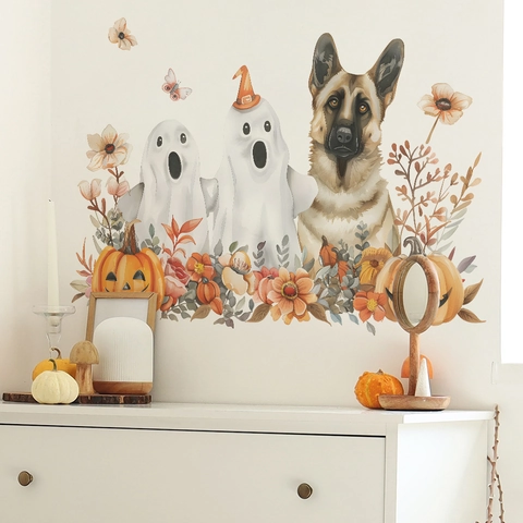 Halloween Watercolor Ghost German Shepherd Wall Sticker Pumpkin Autumn Floral PVC Self Adhesive Decorative Wall Decal