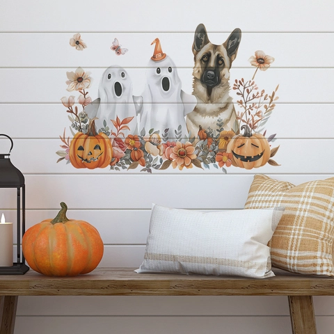 Halloween Watercolor Ghost German Shepherd Wall Sticker Pumpkin Autumn Floral PVC Self Adhesive Decorative Wall Decal