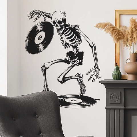Sticker Mural Squelette DJ Halloween Disque Vinyle Amovible PVC Décalcomanie Thème Musique Décoration Maison Salon Chambre