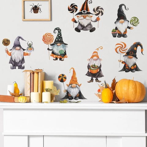 Adesivi da Parete Gnomi di Halloween PVC Autoadesivi per Camera da Letto Cucina Decorazione della Casa Gnomo Cartone Animato Ragno Modelli di Dolci