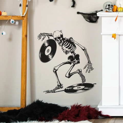 Sticker Mural Squelette DJ Halloween Disque Vinyle Amovible PVC Décalcomanie Thème Musique Décoration Maison Salon Chambre