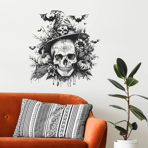 Adesivo da Parete Halloween Teschio Cappello da Strega Zucca Pipistrello Gotico Nero Bianco PVC Autoadesivo Decorativo Per Casa