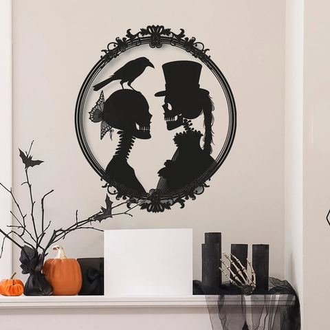 Viktorianische Gothische Skelett Paar Silhouette Wandtattoo Halloween Krähe Muster Abnehmbare Schwarze PVC Aufkleber Für Deko