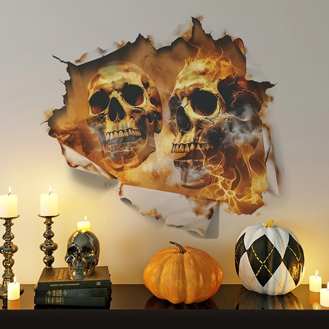 Halloween 3D Wandaufkleber Totenkopf Flamme Broken Wall PVC Abnehmbar Home Decor Schlafzimmer Wohnzimmer Party Deko