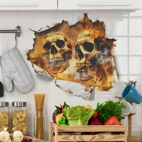 Halloween 3D Broken Wall Skull Flame Wall Sticker PVC Removable Home Decor Bedroom Living Room Party Decoration Decal
