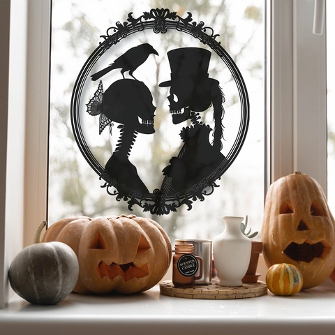 Viktorianische Gothische Skelett Paar Silhouette Wandtattoo Halloween Krähe Muster Abnehmbare Schwarze PVC Aufkleber Für Deko