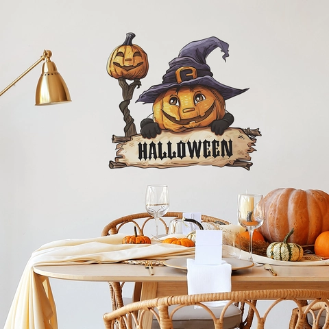 Halloween Pumpkin Wizard Hat Wall Sticker PVC Self Adhesive Cartoon Pumpkin Decal For Home Living Room Bedroom Party Decor