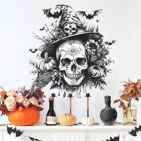 Adesivo da Parete Halloween Teschio Cappello da Strega Zucca Pipistrello Gotico Nero Bianco PVC Autoadesivo Decorativo Per Casa