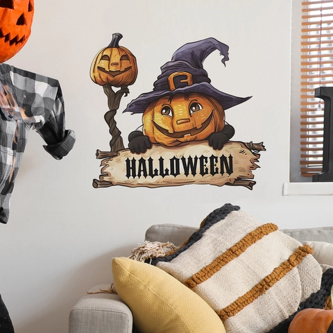 Halloween Pumpkin Wizard Hat Wall Sticker PVC Self Adhesive Cartoon Pumpkin Decal For Home Living Room Bedroom Party Decor