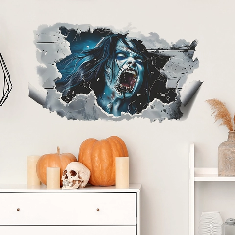 3D Halloween Zombie Muursticker Gebroken Muur Terreur Vrouwelijke Geest PVC Sticker Voor Slaapkamer Woonkamer Griezelige Decoratie