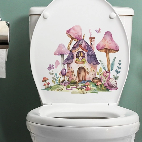 Pegatina de Inodoro de Casa de Hongos Floral Impermeable PVC Vinilo de Pared Para Habitación Niños Baño Decoración Acuarela