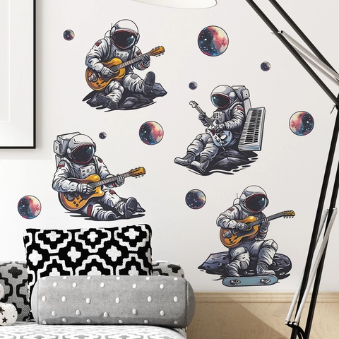 Stickers Muraux Astronaute Musique Guitare Planète Thème Espace Auto-adhésifs PVC Décalcomanies pour Chambre d'Enfant Salon Décor