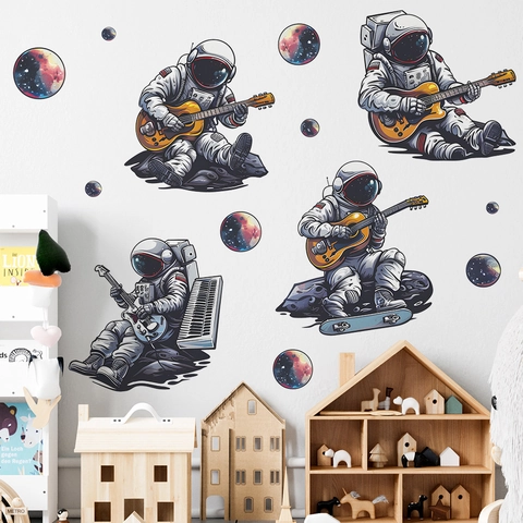 Stickers Muraux Astronaute Musique Guitare Planète Thème Espace Auto-adhésifs PVC Décalcomanies pour Chambre d'Enfant Salon Décor