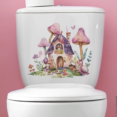 Pegatina de Inodoro de Casa de Hongos Floral Impermeable PVC Vinilo de Pared Para Habitación Niños Baño Decoración Acuarela