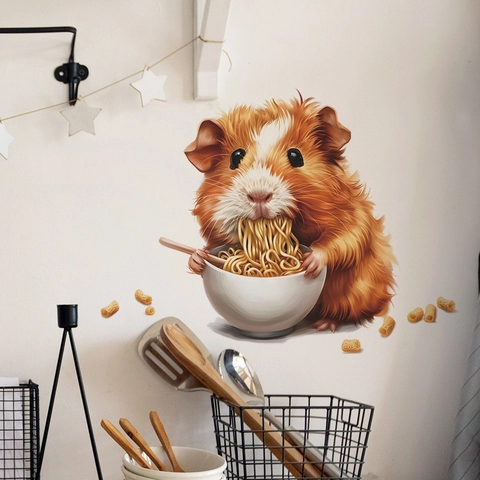 Simpatico Criceto Che Mangia Tagliatelle Adesivo da Parete in PVC Rimovibile Cartone Animato per Camera da Letto Soggiorno Casa