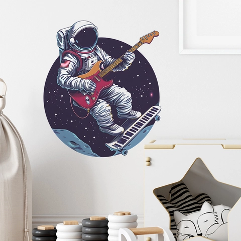 Astronaut Playing Guitar In Space Wall Sticker PVC Self Adhesive Removable Decal For Kids Bedroom Living Room Home Decor