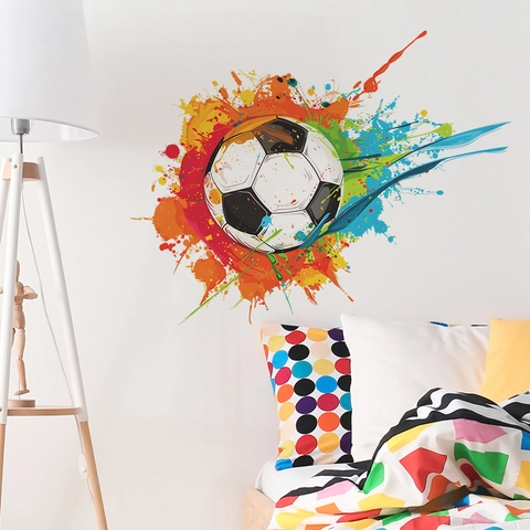Sticker Mural Ballon de Football Éclaboussures Colorées PVC Auto-Adhésif Amovible Thème Sportif Décalcomanie pour Chambre d'Enfants Maison