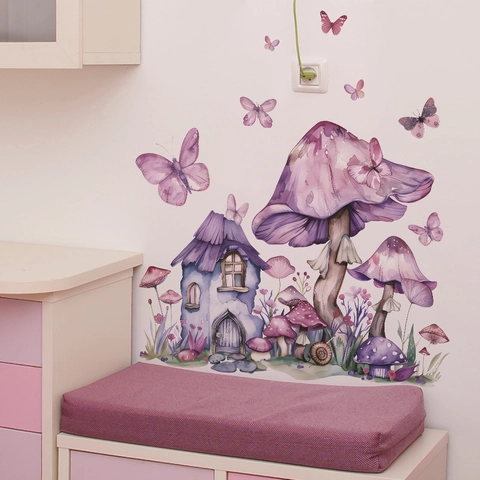 Aquarell Pilzhaus Wandtattoo Schmetterling Blume Lila Rosa Abnehmbare PVC Aufkleber Für Kinderzimmer Schlafzimmer Wohnkultur