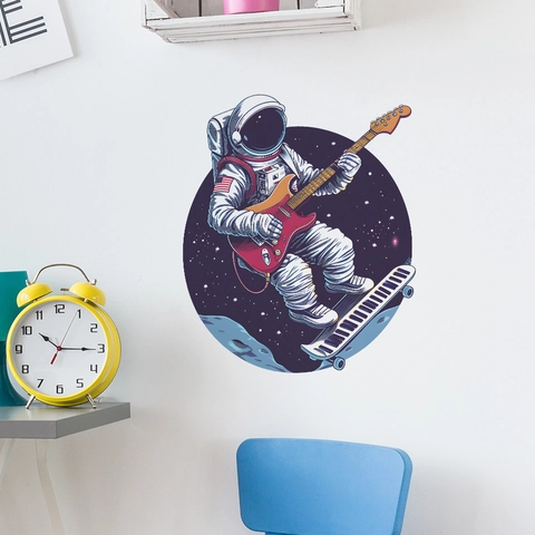 Astronaut Playing Guitar In Space Wall Sticker PVC Self Adhesive Removable Decal For Kids Bedroom Living Room Home Decor