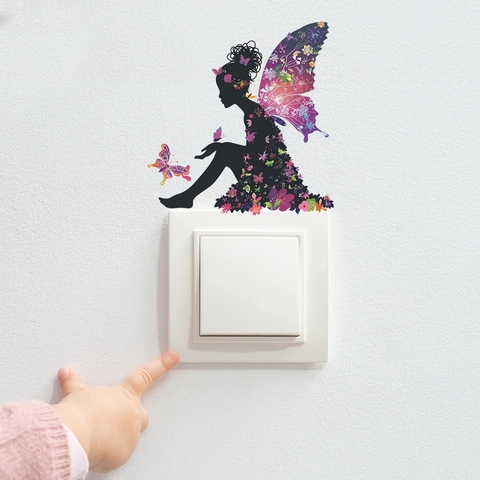 Vlinder Fee Bloem Meisje Muursticker Decoratieve Lichtschakelaar Sticker Verwijderbare PVC Wanddecoratie Voor Slaapkamer