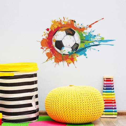 Sticker Mural Ballon de Football Éclaboussures Colorées PVC Auto-Adhésif Amovible Thème Sportif Décalcomanie pour Chambre d'Enfants Maison