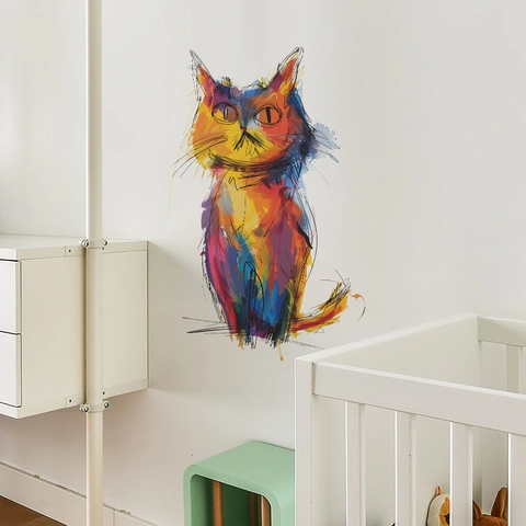 Sticker Mural Chat Graffiti Coloré Artistique PVC Amovible Décalcomanie Animale Aquarelle pour Chambre Salon Décoration Maison