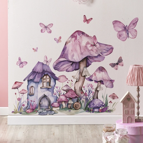 Aquarell Pilzhaus Wandtattoo Schmetterling Blume Lila Rosa Abnehmbare PVC Aufkleber Für Kinderzimmer Schlafzimmer Wohnkultur