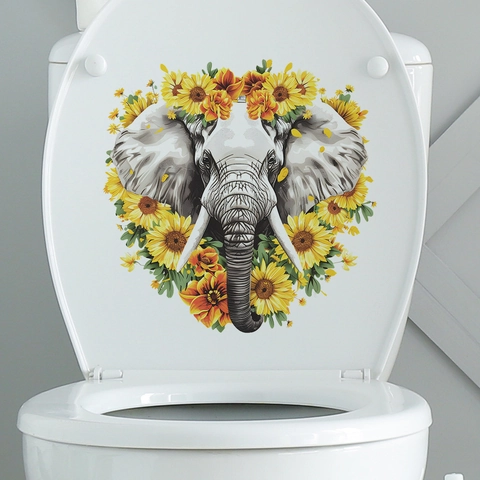Adesivo per Sedile del Gabinetto con Elefante Realistico e Girasole Autoadesivo in PVC Impermeabile Decalcomania da Parete