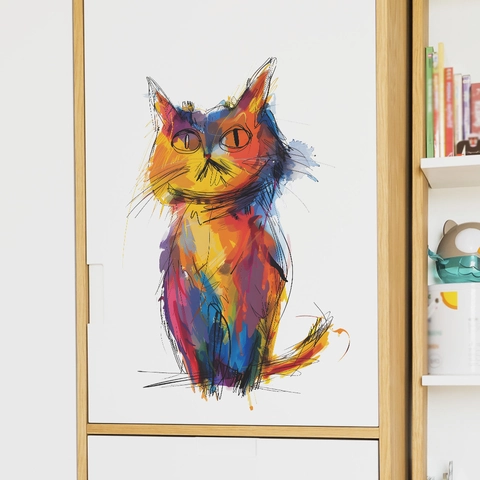 Sticker Mural Chat Graffiti Coloré Artistique PVC Amovible Décalcomanie Animale Aquarelle pour Chambre Salon Décoration Maison