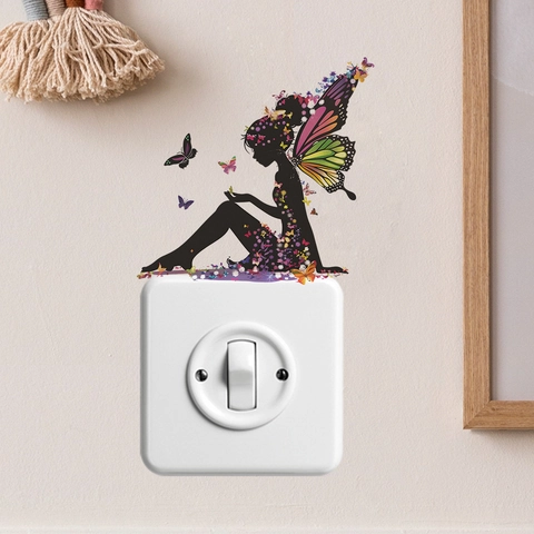 Butterfly Fairy Girl Wall Sticker Silhouette Switch Decal For Bedroom Dorm Aesthetic PVC Removable Home Decoration