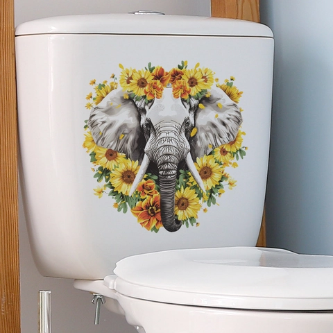 Adesivo per Sedile del Gabinetto con Elefante Realistico e Girasole Autoadesivo in PVC Impermeabile Decalcomania da Parete
