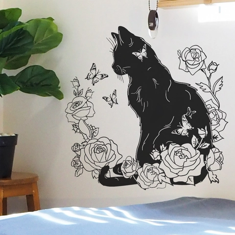 Modern Black Cat Silhouette Wall Sticker With Rose Flowers And Butterflies Waterproof PVC Decal For Living Room Bedroom Home Decor