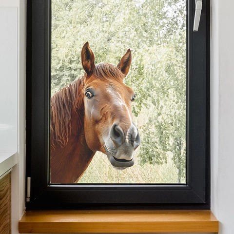 Adesivo per Finestra 3D Realistico Testa di Cavallo PVC Statico UV Senza Colla Decorazione Porta in Vetro Divertente Animale Casa