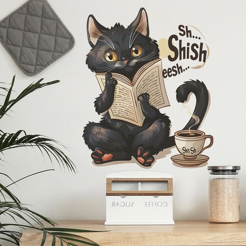 Vinilo de Pared Gato Negro de Dibujos Animados Leyendo Periódico PVC Autoadhesivo para Dormitorio Sala de Estar Cocina Decoración