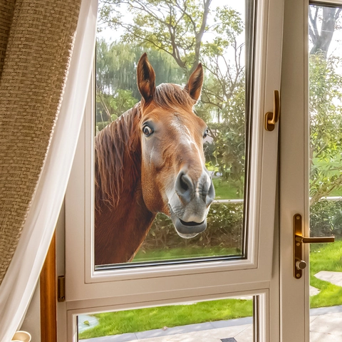 Adesivo per Finestra 3D Realistico Testa di Cavallo PVC Statico UV Senza Colla Decorazione Porta in Vetro Divertente Animale Casa