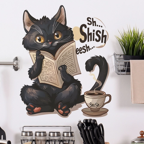 Vinilo de Pared Gato Negro de Dibujos Animados Leyendo Periódico PVC Autoadhesivo para Dormitorio Sala de Estar Cocina Decoración